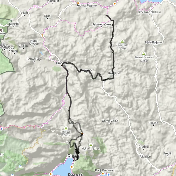Map miniature of "Mountainous Adventure" cycling inspiration in Crna Gora, Montenegro. Generated by Tarmacs.app cycling route planner