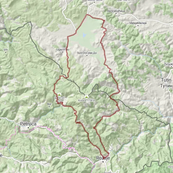 Map miniature of "Off the Beaten Path Gravel Adventures" cycling inspiration in Crna Gora, Montenegro. Generated by Tarmacs.app cycling route planner