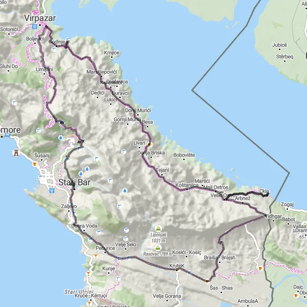 Map miniature of "Scenic Loop with Historic Highlights" cycling inspiration in Crna Gora, Montenegro. Generated by Tarmacs.app cycling route planner