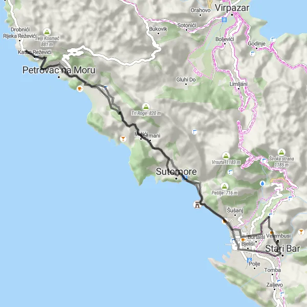 Map miniature of "Challenging Loop with Coastal Scenery" cycling inspiration in Crna Gora, Montenegro. Generated by Tarmacs.app cycling route planner