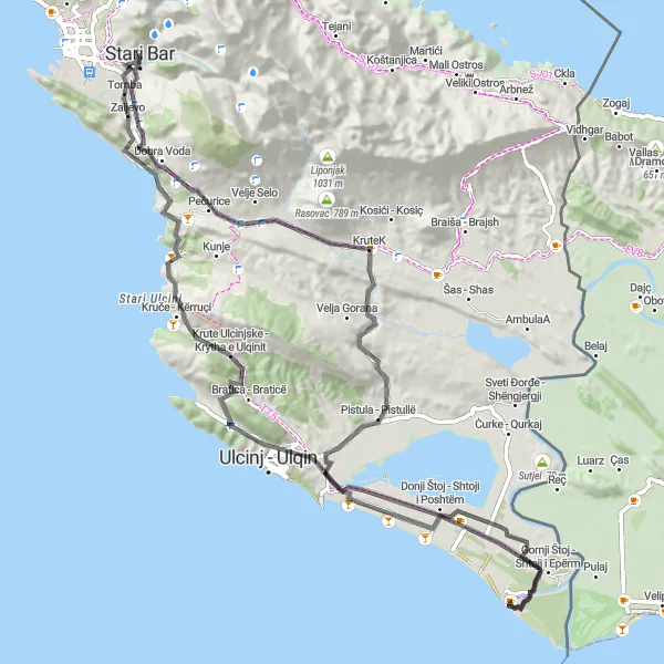 Map miniature of "Osoj and Ulcinj Cycling Route" cycling inspiration in Crna Gora, Montenegro. Generated by Tarmacs.app cycling route planner
