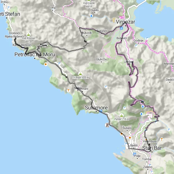 Map miniature of "Rijeka Reževići and Buljarica Road Cycling Route" cycling inspiration in Crna Gora, Montenegro. Generated by Tarmacs.app cycling route planner
