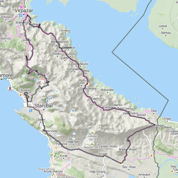 Map miniature of "The Wide Loop" cycling inspiration in Crna Gora, Montenegro. Generated by Tarmacs.app cycling route planner