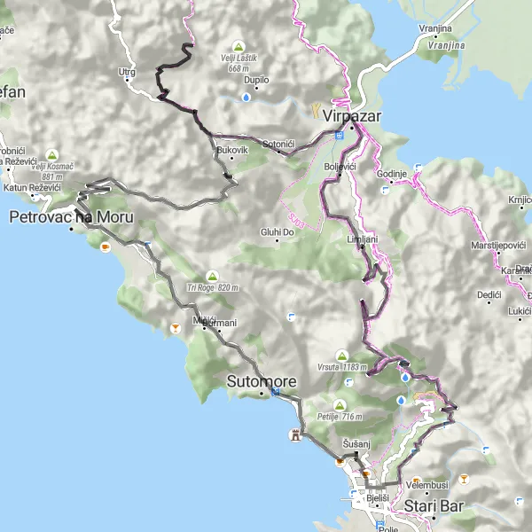 Map miniature of "Road Cycling Route: Coastal Panorama" cycling inspiration in Crna Gora, Montenegro. Generated by Tarmacs.app cycling route planner