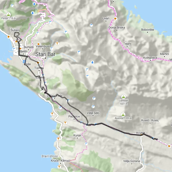 Map miniature of "Šušanj Loop via Dugački Vrh" cycling inspiration in Crna Gora, Montenegro. Generated by Tarmacs.app cycling route planner