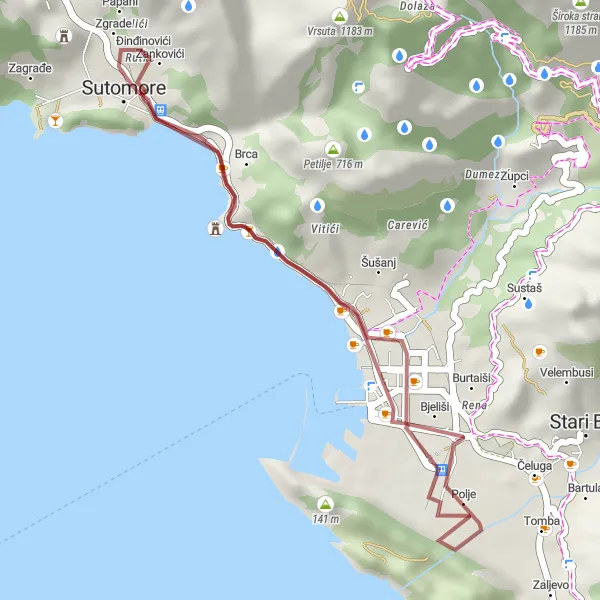 Map miniature of "Đinđinovići Loop" cycling inspiration in Crna Gora, Montenegro. Generated by Tarmacs.app cycling route planner