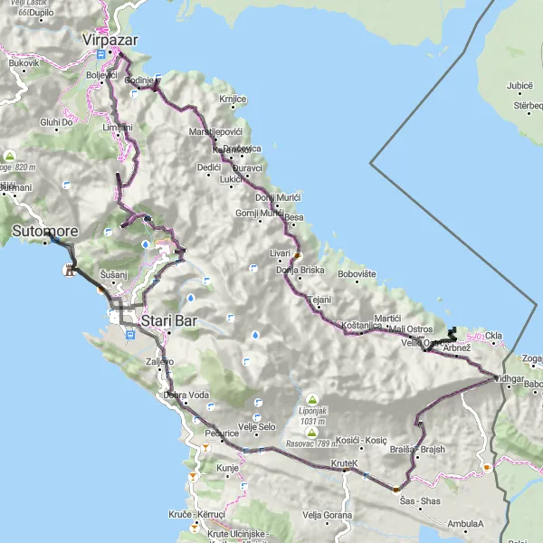 Map miniature of "The Mountain Challenge" cycling inspiration in Crna Gora, Montenegro. Generated by Tarmacs.app cycling route planner
