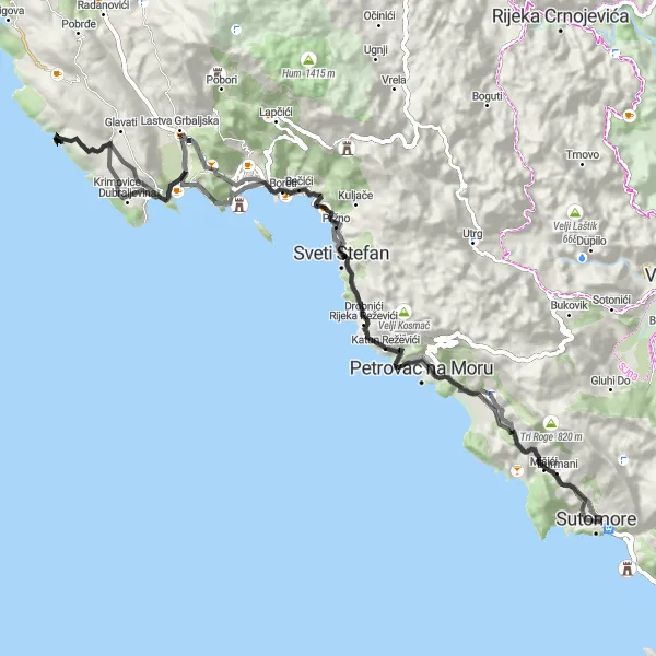 Map miniature of "Coastal Beauty Ride" cycling inspiration in Crna Gora, Montenegro. Generated by Tarmacs.app cycling route planner