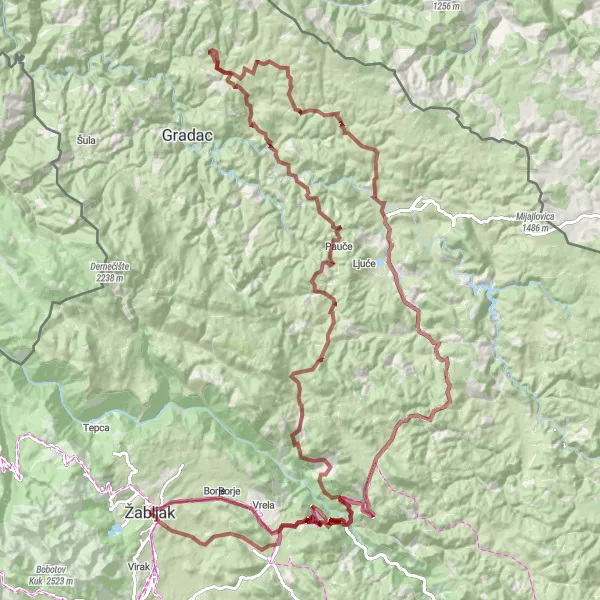 Map miniature of "Bijeli kamen Gravel Expedition" cycling inspiration in Crna Gora, Montenegro. Generated by Tarmacs.app cycling route planner