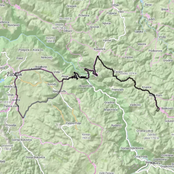 Map miniature of "Bare Žugića Road Challenge" cycling inspiration in Crna Gora, Montenegro. Generated by Tarmacs.app cycling route planner