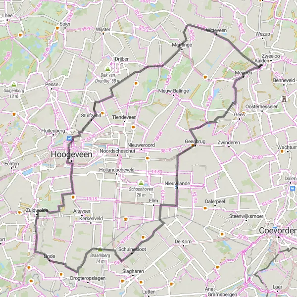 Map miniature of "Geesbrug and Historical Journey Road Cycling Route" cycling inspiration in Drenthe, Netherlands. Generated by Tarmacs.app cycling route planner