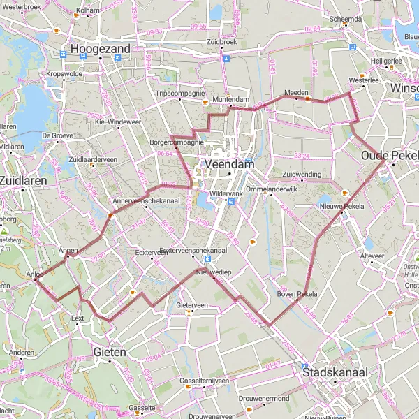 Miniatuurkaart van de fietsinspiratie "Gravelroute door Oude Pekela en Muntendam" in Drenthe, Netherlands. Gemaakt door de Tarmacs.app fietsrouteplanner