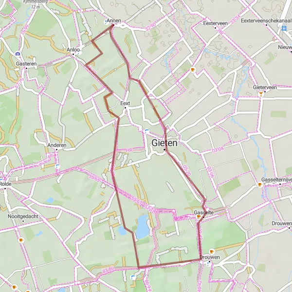 Map miniature of "Gieten-Eext-Annen Gravel Route" cycling inspiration in Drenthe, Netherlands. Generated by Tarmacs.app cycling route planner