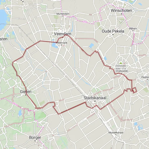 Miniatuurkaart van de fietsinspiratie "Gravelroute van Annen naar Gasselte en terug" in Drenthe, Netherlands. Gemaakt door de Tarmacs.app fietsrouteplanner