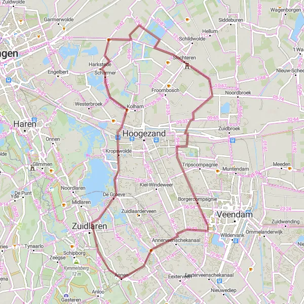 Miniatuurkaart van de fietsinspiratie "Gravelroute Annen en omgeving" in Drenthe, Netherlands. Gemaakt door de Tarmacs.app fietsrouteplanner