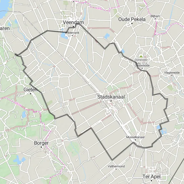 Miniatuurkaart van de fietsinspiratie "Roadtrip door Drenthe en Groningen" in Drenthe, Netherlands. Gemaakt door de Tarmacs.app fietsrouteplanner
