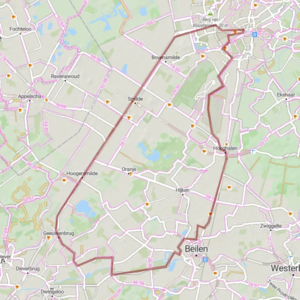 Map miniature of "Hooghalen Gravel Escape" cycling inspiration in Drenthe, Netherlands. Generated by Tarmacs.app cycling route planner