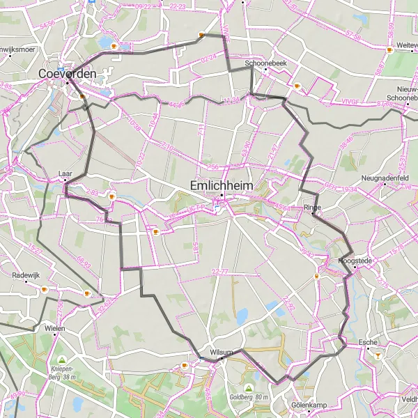 Map miniature of "The Schoonebeek Loop" cycling inspiration in Drenthe, Netherlands. Generated by Tarmacs.app cycling route planner