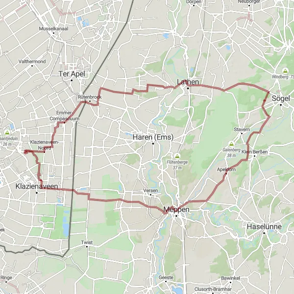Miniatuurkaart van de fietsinspiratie "Uitdagende gravelroute: Emmer-Compascuum - Lathen - Meppen - Zwartemeer" in Drenthe, Netherlands. Gemaakt door de Tarmacs.app fietsrouteplanner