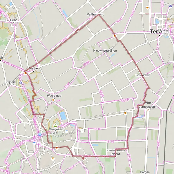 Map miniature of "Valthe and Klazienaveen-Noord Gravel Tour" cycling inspiration in Drenthe, Netherlands. Generated by Tarmacs.app cycling route planner