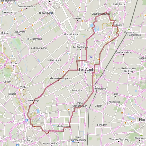 Miniatuurkaart van de fietsinspiratie "Gravelroute vanuit Barger-Oosterveld" in Drenthe, Netherlands. Gemaakt door de Tarmacs.app fietsrouteplanner