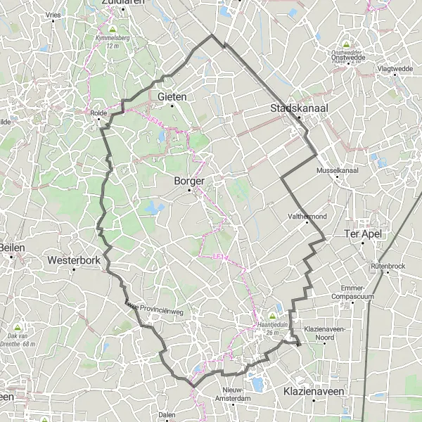 Map miniature of "Drenthe Road Route 1" cycling inspiration in Drenthe, Netherlands. Generated by Tarmacs.app cycling route planner