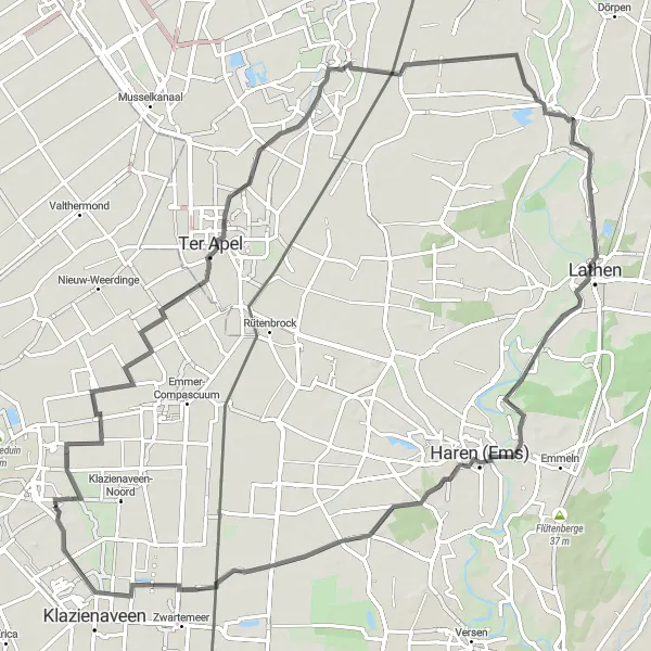 Miniatuurkaart van de fietsinspiratie "Route langs Schansbelt - Hasseberg - Lathen - Wittenberg - Nieuw-Dordrecht" in Drenthe, Netherlands. Gemaakt door de Tarmacs.app fietsrouteplanner