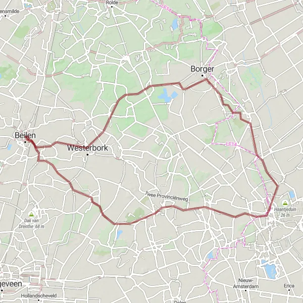Map miniature of "Cycling through historical sites" cycling inspiration in Drenthe, Netherlands. Generated by Tarmacs.app cycling route planner