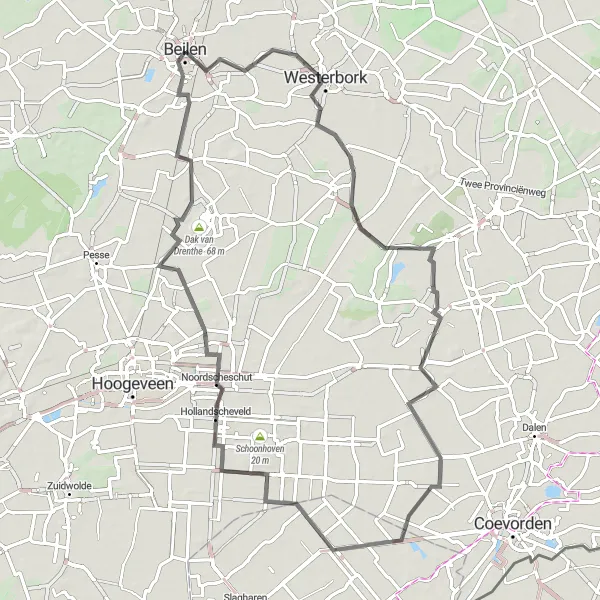 Miniatuurkaart van de fietsinspiratie "Beilen - Smalbroek Route" in Drenthe, Netherlands. Gemaakt door de Tarmacs.app fietsrouteplanner