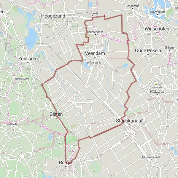 Map miniature of "Gieten to Bronneger Gravel Route" cycling inspiration in Drenthe, Netherlands. Generated by Tarmacs.app cycling route planner