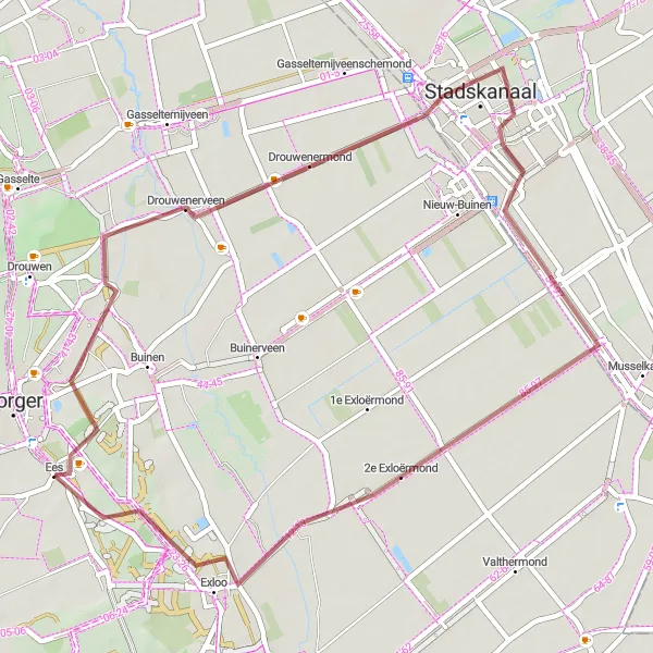 Miniatuurkaart van de fietsinspiratie "Gravelroute van Bronneger naar Exloo" in Drenthe, Netherlands. Gemaakt door de Tarmacs.app fietsrouteplanner