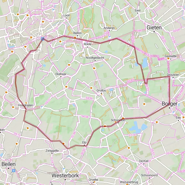 Miniatuurkaart van de fietsinspiratie "Gravelroute van Borger naar Drouwen" in Drenthe, Netherlands. Gemaakt door de Tarmacs.app fietsrouteplanner