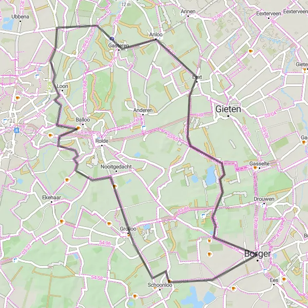 Miniatuurkaart van de fietsinspiratie "Borger naar Boomkroonpad via Grolloo, Deurze, en Eext" in Drenthe, Netherlands. Gemaakt door de Tarmacs.app fietsrouteplanner
