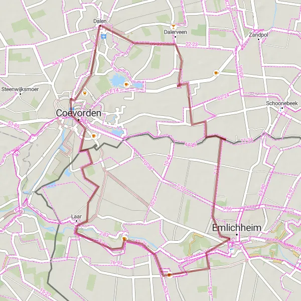 Map miniature of "Dalen to Coevorden Short Gravel Route" cycling inspiration in Drenthe, Netherlands. Generated by Tarmacs.app cycling route planner