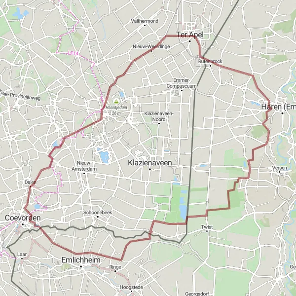 Map miniature of "Dakterras Holdert to Emmen Gravel Route" cycling inspiration in Drenthe, Netherlands. Generated by Tarmacs.app cycling route planner