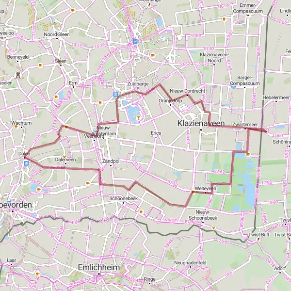 Map miniature of "Nieuw-Amsterdam Loop Gravel Route" cycling inspiration in Drenthe, Netherlands. Generated by Tarmacs.app cycling route planner