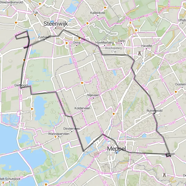 Miniatuurkaart van de fietsinspiratie "Reestdal en Giethoorn Wegenroute" in Drenthe, Netherlands. Gemaakt door de Tarmacs.app fietsrouteplanner