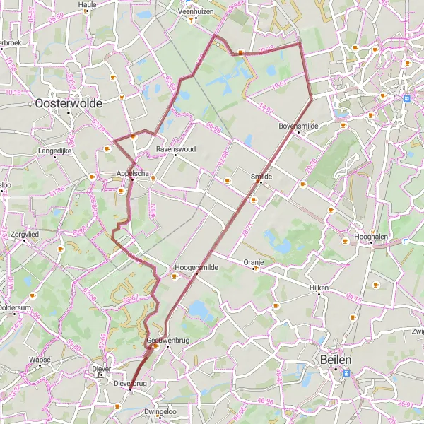 Map miniature of "Gravel Delights in Drenthe" cycling inspiration in Drenthe, Netherlands. Generated by Tarmacs.app cycling route planner