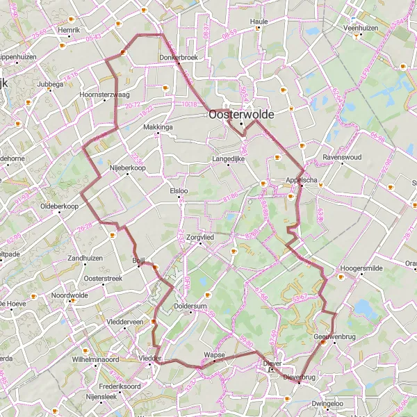 Miniatuurkaart van de fietsinspiratie "Gravel Avontuur in de Natuur rond Diever" in Drenthe, Netherlands. Gemaakt door de Tarmacs.app fietsrouteplanner
