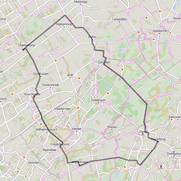Map miniature of "Noordwolde Circuit" cycling inspiration in Drenthe, Netherlands. Generated by Tarmacs.app cycling route planner