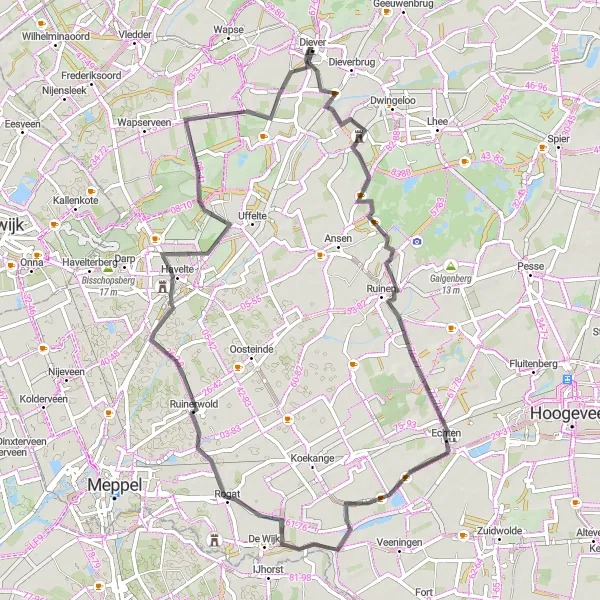 Map miniature of "Oldengaerde Loop" cycling inspiration in Drenthe, Netherlands. Generated by Tarmacs.app cycling route planner