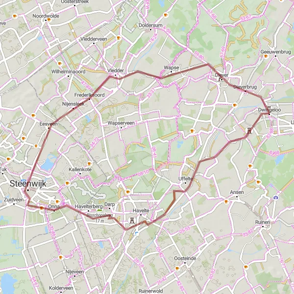 Map miniature of "Villages and Valleys" cycling inspiration in Drenthe, Netherlands. Generated by Tarmacs.app cycling route planner