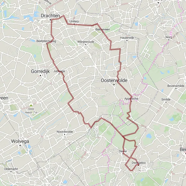 Miniatuurkaart van de fietsinspiratie "Gravelroute rond Dwingeloo" in Drenthe, Netherlands. Gemaakt door de Tarmacs.app fietsrouteplanner