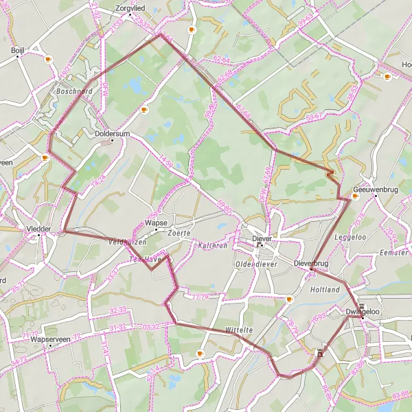 Map miniature of "Dwingeloo Gravel Loop" cycling inspiration in Drenthe, Netherlands. Generated by Tarmacs.app cycling route planner