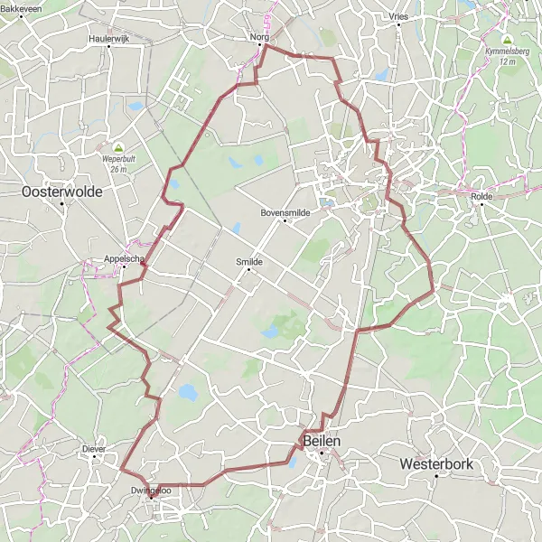 Map miniature of "Dwingeloo to Beilen Gravel Cycling Route" cycling inspiration in Drenthe, Netherlands. Generated by Tarmacs.app cycling route planner