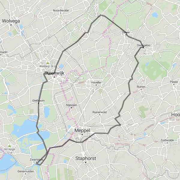 Map miniature of "Dwingeloo to Diever Road Cycling Route" cycling inspiration in Drenthe, Netherlands. Generated by Tarmacs.app cycling route planner