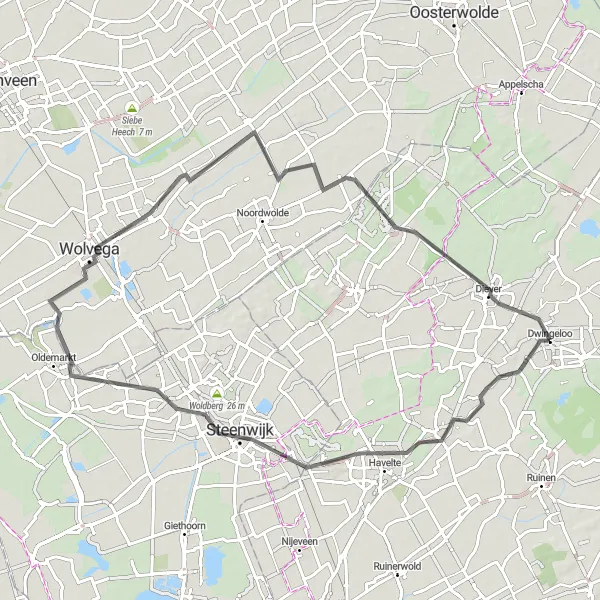 Map miniature of "Dwingeloo to Diever Road Cycling Route" cycling inspiration in Drenthe, Netherlands. Generated by Tarmacs.app cycling route planner
