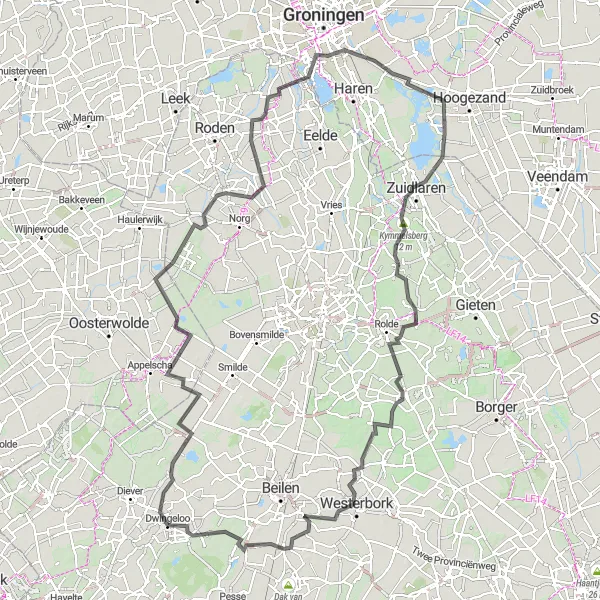 Map miniature of "Dwingeloo to Spier Road Cycling Route" cycling inspiration in Drenthe, Netherlands. Generated by Tarmacs.app cycling route planner