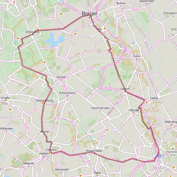 Map miniature of "Gravel Adventure: Emmen to Kijkhut Round Trip" cycling inspiration in Drenthe, Netherlands. Generated by Tarmacs.app cycling route planner