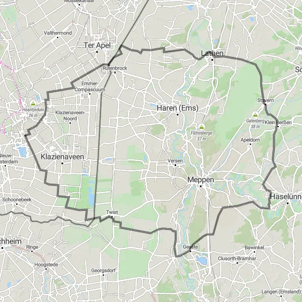 Map miniature of "Emmen to Zuidbarge Round Trip" cycling inspiration in Drenthe, Netherlands. Generated by Tarmacs.app cycling route planner